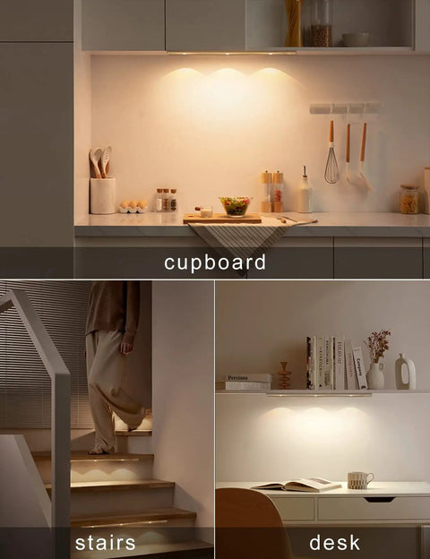 LED Under Cabinet Lights With Motion Sensor USB Rechargeable Cat Eye Style Light Bar illuminating kitchen closet and stairs