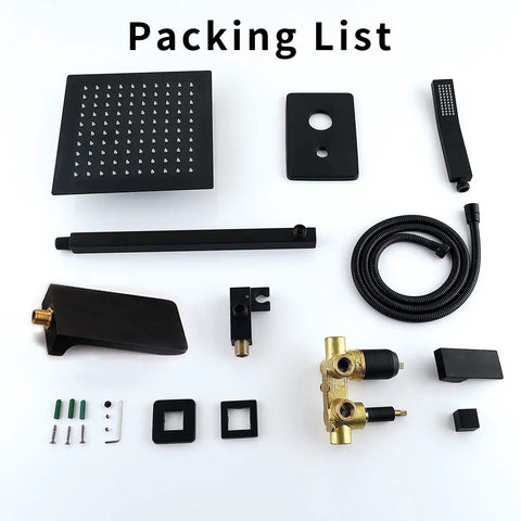 Packing list with parts for Dope Matte Black Wall Mounted Shower Faucet Set With 10 Inch Rain Shower Head and solid brass valve