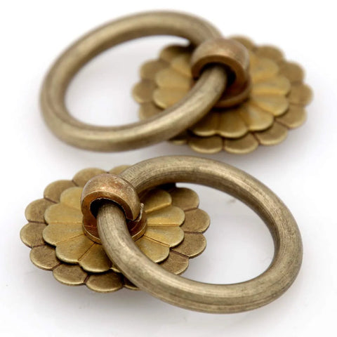 Vintage Antique Brass Ring Pulls Set Of 4 For Cabinets Pure Solid Brass Cabinet Hardware With Flower Disk Design
