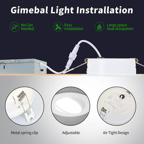 Installation of Dope 4 Inch LED Recessed Gimbal Lights 10 Pack With Junction Box Dimmable 9W 750LM Airtight Five Color Temperature Selectable