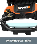 Close-up of 1600 PSI Electric Pressure Washer With Rolling Cart showing onboard soap tank in black and orange design