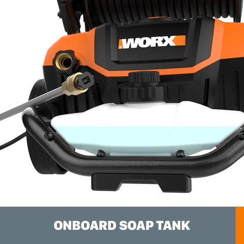 Close-up of 1600 PSI Electric Pressure Washer With Rolling Cart showing onboard soap tank in black and orange design