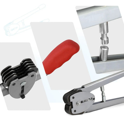 Tensioner with cutter for Boss Level Polypropylene Strapping Kit, showcasing ergonomic red handle and metal parts for tight shipping.