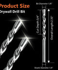 Heavy Duty 1/8 Inch Spiral Drywall Router Bits, Rock Solid M2 High Speed Steel Drill Cutters With Guide Pin, Slick Socket Hole Kit For Electrical And Plumbing Jobs, 10 Pack Set, size dimensions displayed.