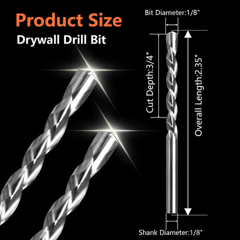 Heavy Duty 1/8 Inch Spiral Drywall Router Bits, Rock Solid M2 High Speed Steel Drill Cutters With Guide Pin, Slick Socket Hole Kit For Electrical And Plumbing Jobs, 10 Pack Set, size dimensions displayed.