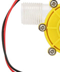 Close-up of Yellow Micro Hydroelectric DC Turbine Generator for Off Grid Power, 12V Output, highlighting connector and wiring