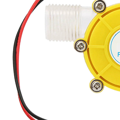 Close-up of 12V DC Water Turbine Generator Micro Hydroelectric Power Dynamo with yellow casing, stainless steel screws, half inch inlet.