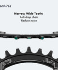 Narrow wide tooth design of MTB Crankset 104 BCD Square Tapered 32 34 36 38T Chainring, black, reduces noise, prevents chain drop.