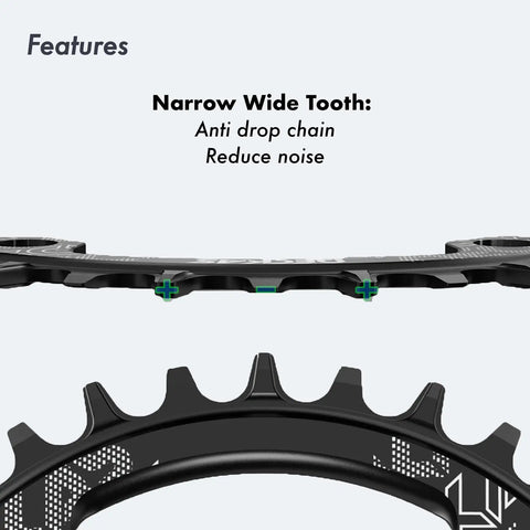 Narrow wide tooth design of MTB Crankset 104 BCD Square Tapered 32 34 36 38T Chainring, black, reduces noise, prevents chain drop.