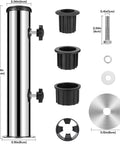 Parts of Sturdy Granite Umbrella Stand Tube For Outdoor Use, Stainless Steel Base, shown with dimensions and components.