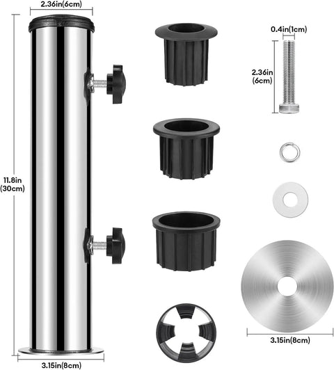 Parts of Sturdy Granite Umbrella Stand Tube For Outdoor Use, Stainless Steel Base, shown with dimensions and components.