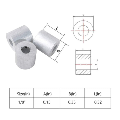 Heavy Duty Wire Rope Stop Sleeve For One Eighth Inch Cable Aluminum Alloy Crimp Sleeve Pack Of One Hundred Easy To Install And Lock Ends With Vise Or Pliers Durable Cable Fix For Transport And General Use, 1/8 in aluminum sleeve dimension chart