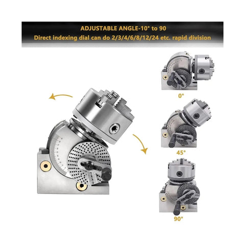 Universal Indexing Head For Milling Machines With Interchangeable Index Plates and Direct Fit Mount, adjustable angle from 10 to 90 degrees.