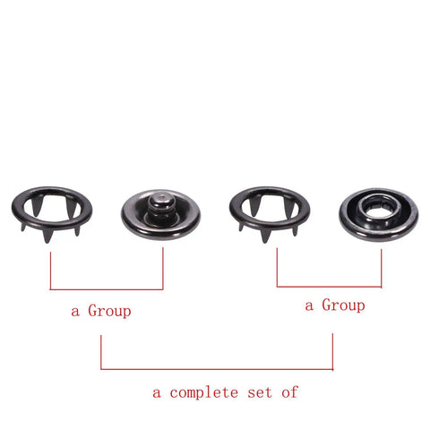 Built Tough 9.5mm Snap Button Kit With Metal Ring Snaps Hollow Prong Buckles In Black, showing a complete set of snaps and buckles.