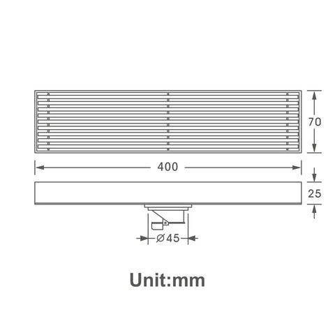 Badass Linear Shower Drain With Airtight Deodorizer Gasket And Slick Chrome Face dimensions illustration, 400mm x 70mm x 25mm, 304 stainless steel.
