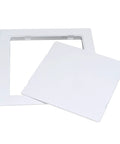 Eight By Eight Inch White Access Panel For Plumbing And Electrical Cables Slick Flush Or Surface Mount Design with open frame.