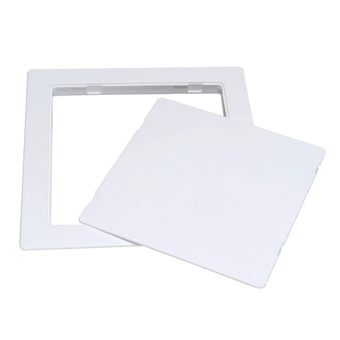 Eight By Eight Inch White Access Panel For Plumbing And Electrical Cables Slick Flush Or Surface Mount Design with open frame.