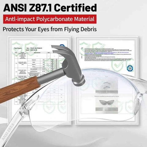 Bulk Pack of 50 Clear Safety Glasses ANSI Z87.1 Eye Protection with certificates and hammer demonstrating impact resistance.