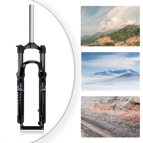 26 Inch Mountain Bike Front Suspension Fork Ride-Ready 100mm Travel, Mechanical Lockout, terrain options shown