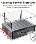 Heavy Duty Firewall Mini PC Router Harnessing Intel J6412 with transparent casing and six 2.5GbE ports for security.