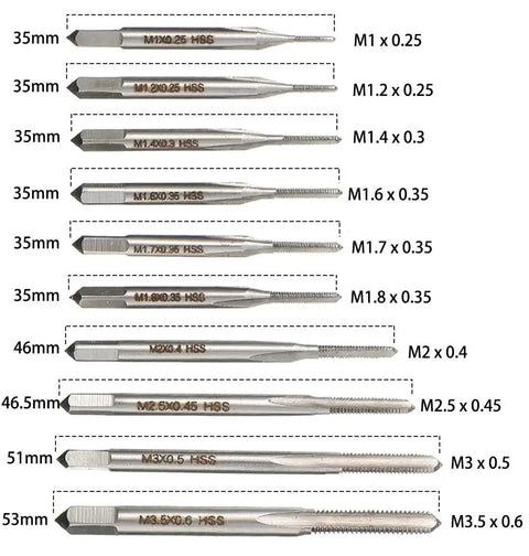 Compact 10 Piece Pro Grade HSS Micro Tap Set M1 To M3.5 With Adjustable Tap Wrench For Your Home Workshop Tapping displayed.