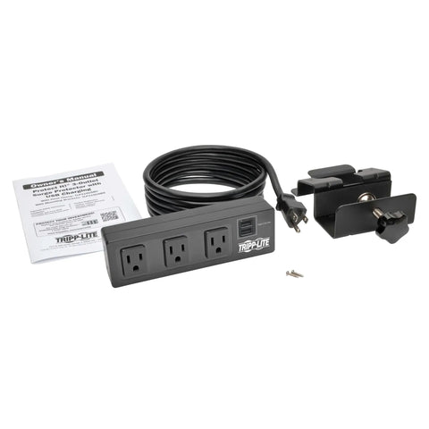 Under Desk Workhorse Three Outlet Surge Protector Power Strip With Desk Clamp And USB Charging Ports Ten Foot Cord 510 Joules Black