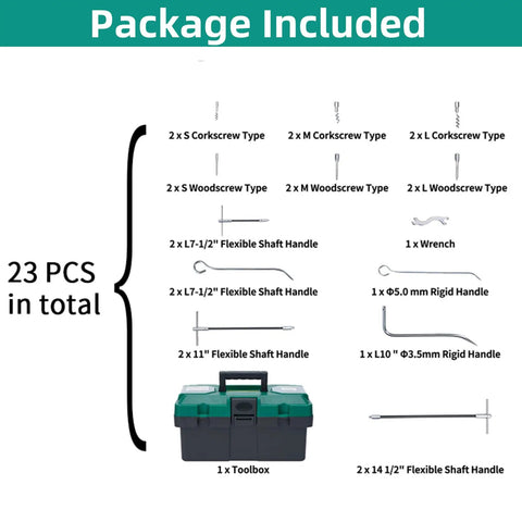 Pro Grade 23 Piece Packing Extractor Kit With Stainless Steel Removable Tips displayed with flexible hooks and toolbox