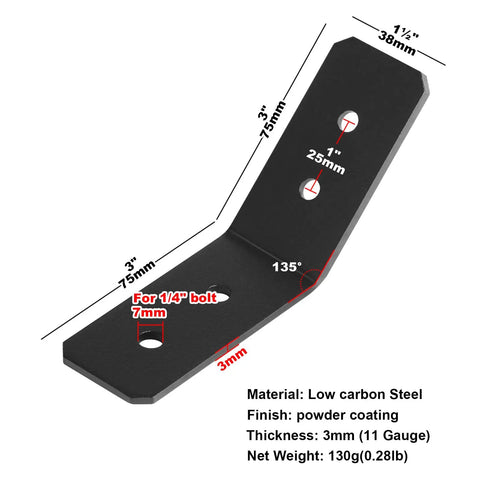 Heavy Duty 10 Pack Flush Inside 45 Degree Angle Brackets For 2x2 Lumber Posts, 11 Gauge Steel, dimensions labeled, powder coated