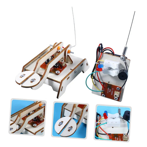 Hands On Telegraph Model Kit For Kids And Students, Fun Wood Craft DIY Science Experiment showing assembled telegraph parts.