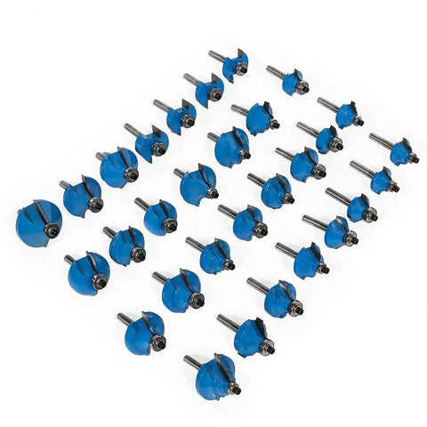 Top Shelf 50 Piece Router Bit Set With 1/4 Inch Shank And Heavy Duty Tungsten Carbide Tips For Clean Woodworking Cuts, arranged in rows.