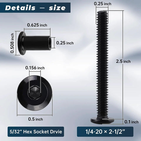 1/4-20 Furniture Connector Bolts And Barrel Nuts Kit With 304 Stainless Steel details showing bolt dimensions