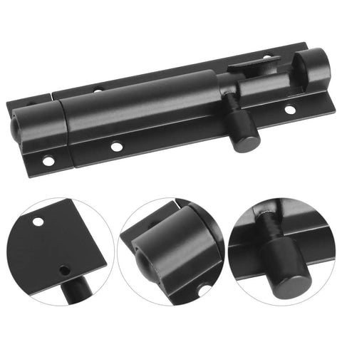 Close-up view of a 4 Pack Barrel Bolt Latch Black Slide Door Lock 3 Inch Security Lock Aluminum Alloy for Home Yard Garden Includes Screws