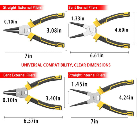 Four Piece Heavy Duty Snap Ring Pliers Set Seven Inch Internal And External Circlip Pliers Kit With Straight And Bent Jaw Tips