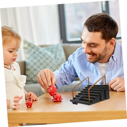 Father and child playing with Fingerboard Skateboard Ramp Set Two Piece Mini Skatepark Obstacle Accessories at a table.