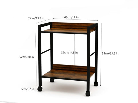 Two Tier Rolling Utility Cart With Brown Wood Shelves And Black Metal Frame On Wheels For Kitchen, Office, Bathroom And Living Room.