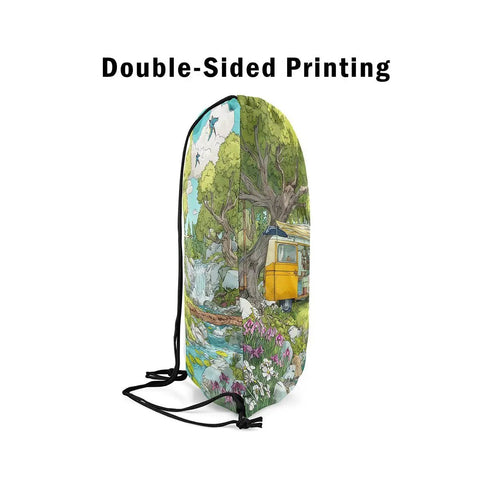 Water Resistant Drawstring Backpack For Camping And Travel With Watercolor Flower Landscape Print, side view showing RV print