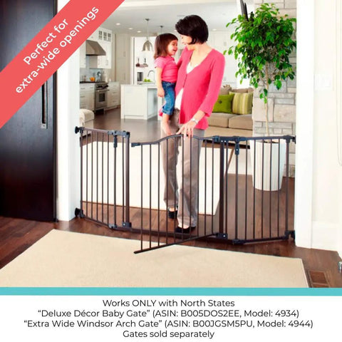 15 Inch Baby Gate Extension For Deluxe Decor Gate Adds Up To 6 Extenders To Fit Wider Openings 30 Inch Tall Matte Bronze Safety Accessory Perfect For Wide Openings And Stair Gates With Easy Tool Free Installation shown in living room setting