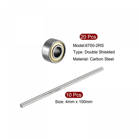 20 Pieces 684ZZ Deep Groove Ball Bearings With 10 Round Shaft Rods, Pro Grade Carbon Steel, 4mm Inner Diameter, Precision Setup
