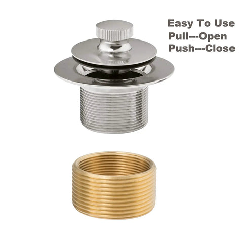 Push And Lock Bathtub Drain Stopper Kit With Trim Set And Single Hole Overflow Faceplate, Universal Threads, Brushed Nickel Finish