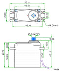 Technical drawing of Beefy 55Kg Digital Servo With Full Metal Helical Gear Brushless Motor IP68 dimensions and details