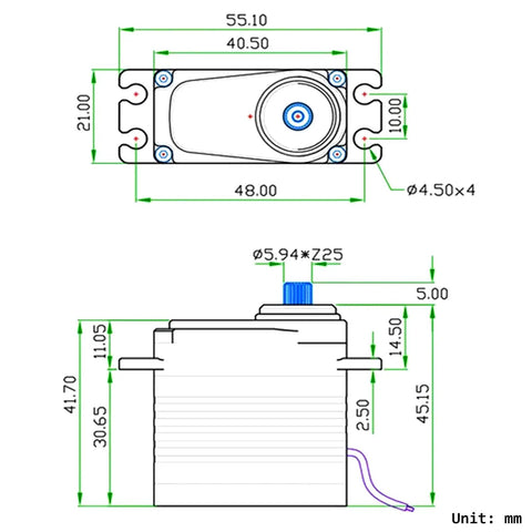 Technical drawing of Beefy 55Kg Digital Servo With Full Metal Helical Gear Brushless Motor IP68 dimensions and details