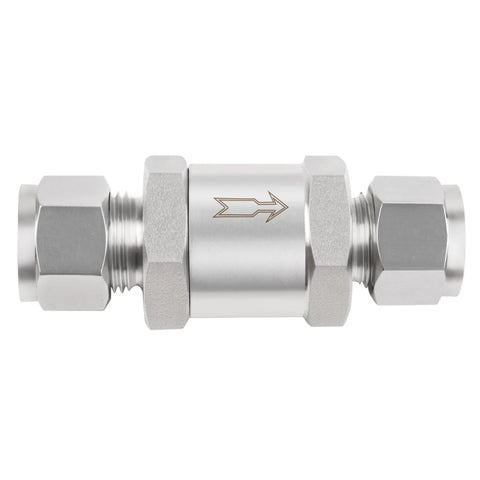 Side view of Yoebor 304 stainless steel detachable compression check valve, 3/8 in. OD x 3/8 in. OD.
