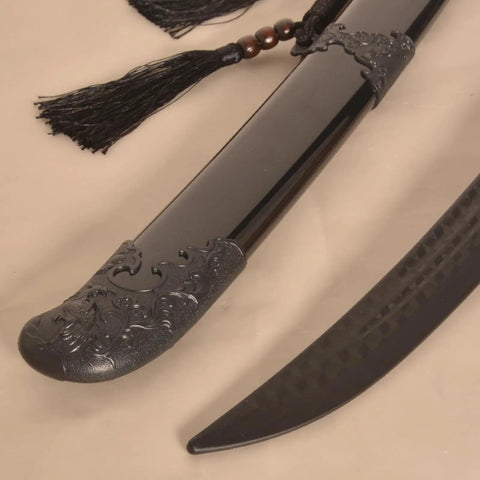 Close-up of Tough As Nails Heavy Duty Polypropylene Practice Sword For Martial Arts One Piece Bokken Style Training Blade with sheath.