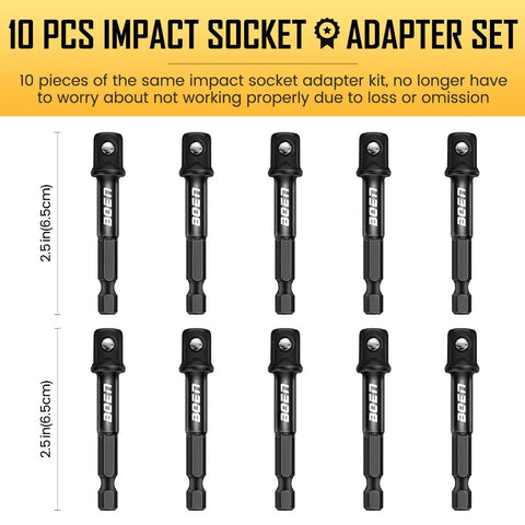 Ten Piece Three Eighths Inch Drive Impact Grade Socket Adapters Set With One Quarter Inch Hex Shank For Quick Change Drills And High Torque Impact Wrenches SAE Bit Adapters For Power Drill To Wrench.