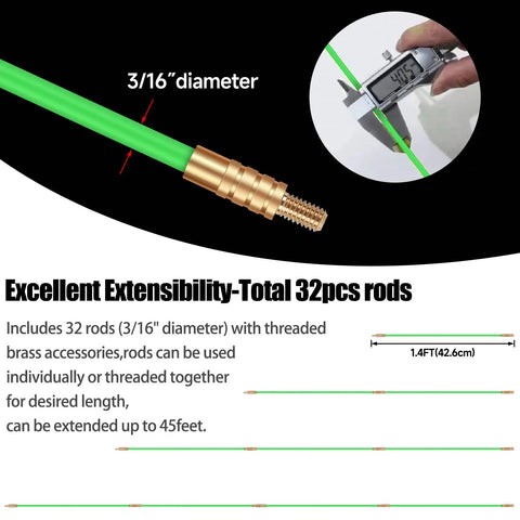 45Ft Fiberglass Running Wire Cable Kit With Glow Rods And Fish Tape Pro Grade Easy Wire Puller Set, caliper measuring rod diameter