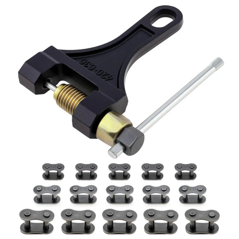 Universal Chain Breaker Tool Kit With 15 Piece Master Link Pins For 420 428 530 Chains Beefy Heavy Duty Steel For Motorcycle ATV
