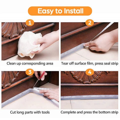 Transparent silicone weather-stripping door seal tape, 33.5 ft, self-adhesive for doors and windows.