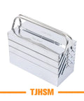 Heavy Duty Stainless Steel Toolbox With Dang Tough Carry Handle Features Four Tier Seven Tray Folding Cantilever Rack For Garage Shop Or Home Office - Chrome finish with strong handle.