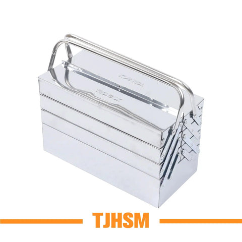 Heavy Duty Stainless Steel Toolbox With Dang Tough Carry Handle Features Four Tier Seven Tray Folding Cantilever Rack For Garage Shop Or Home Office - Chrome finish with strong handle.