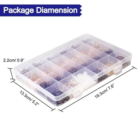 Clear plastic case with 24 compartments showing Jewelry Findings Kit With 2880 Pieces Including Open Jump Rings, Lobster Clasps.